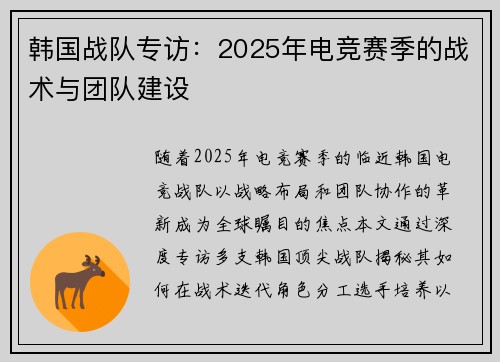 韩国战队专访：2025年电竞赛季的战术与团队建设